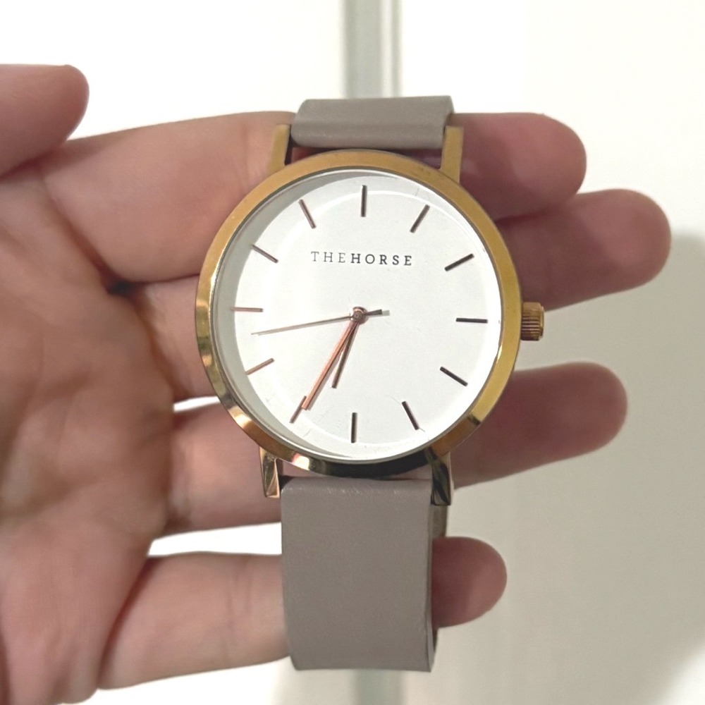 The Horse Original Rose Gold White Dial Grey Leather Strap Watch Minimalist